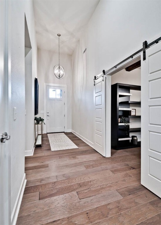 Sliding, barn doors frame the flex room. This room