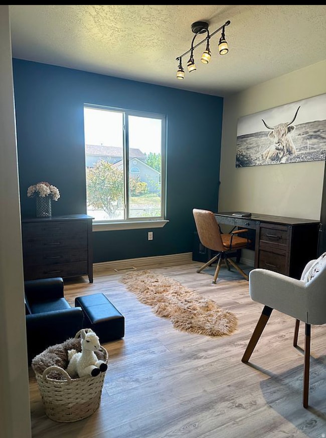 Office space featuring a textured ceiling, light wood finished floors, and rail lighting