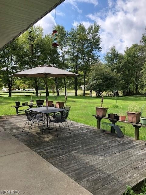 Back deck surrounded by a park like yard.