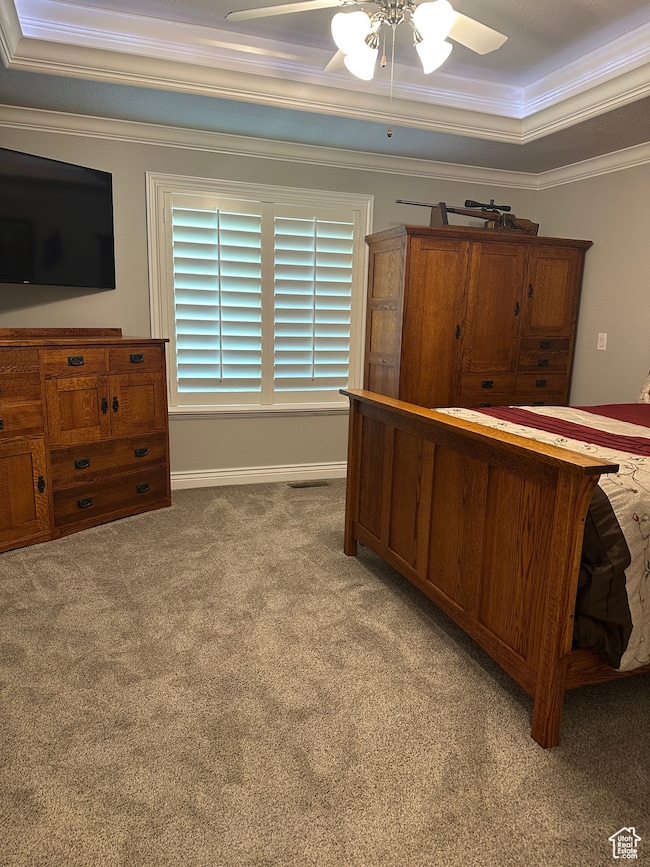 Carpeted bedroom with ornamental molding, ceiling fan, and a tray ceiling