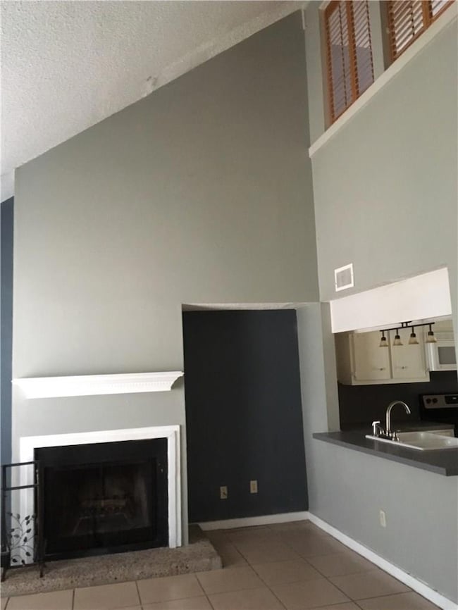 Living room with wood fireplace