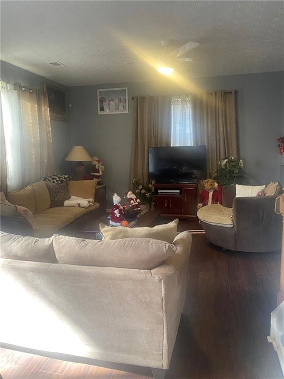 Living room with wood finished floors and a textured ceiling