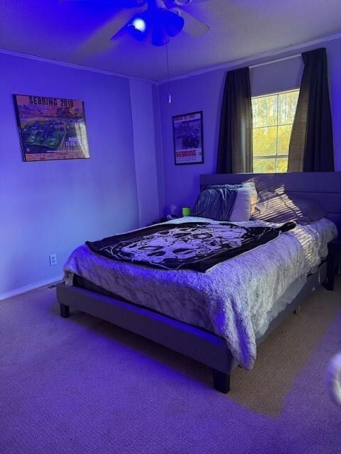 Bedroom with carpet flooring and a ceiling fan