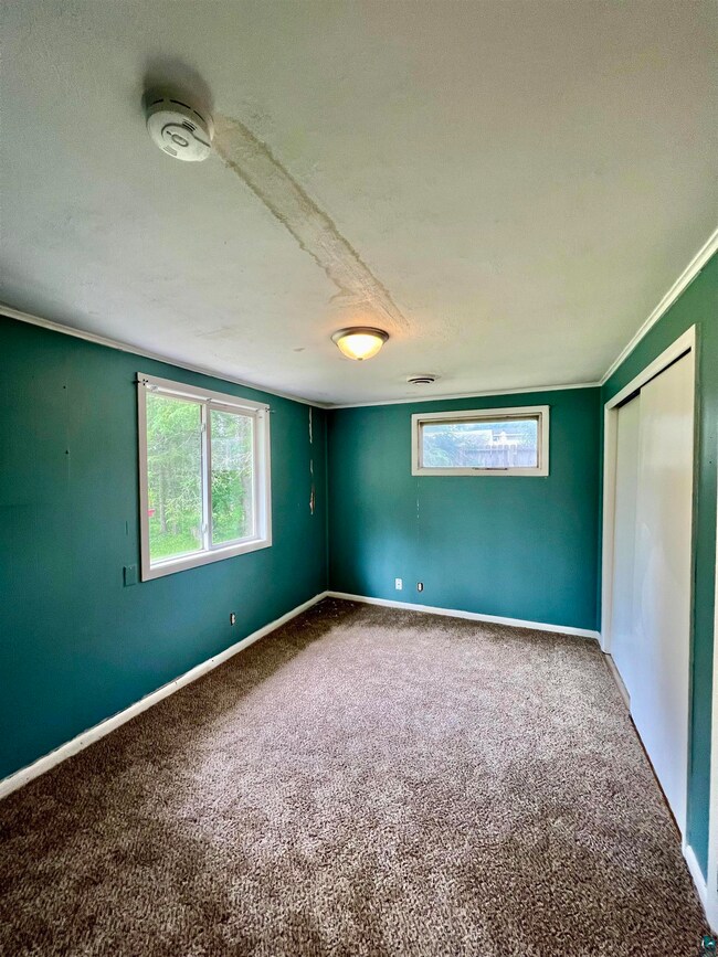 Carpeted empty room with ornamental molding and a 
