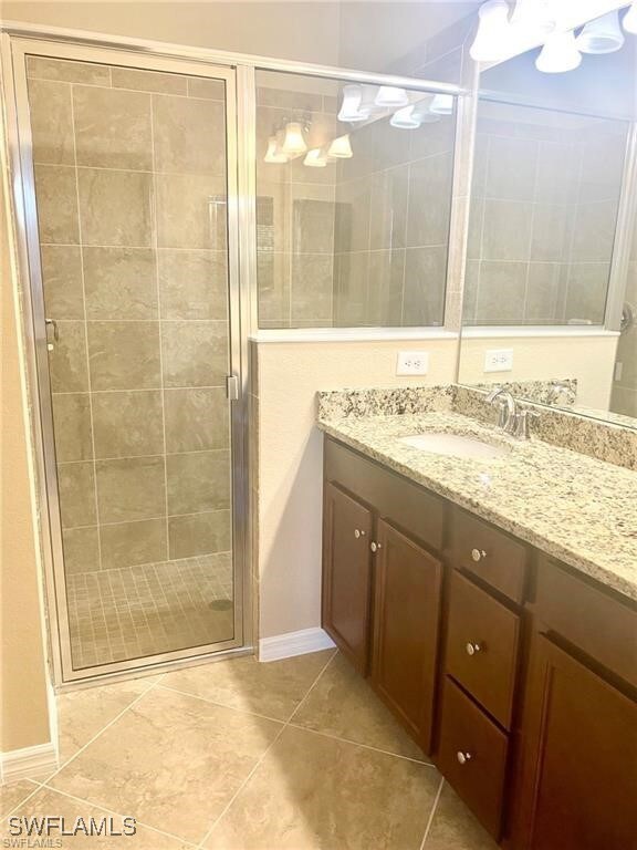 Full bathroom with a shower stall, vanity, tile pa