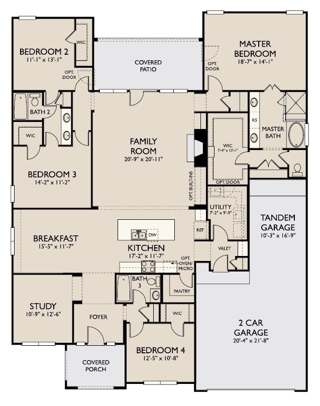 This outstanding 1-story Carrington plan has 4 bedrooms, 3 full baths, 1 half bath, a 3-car garage, a study, covered patio/porch, a spacious family room, and beautiful master bedroom.
