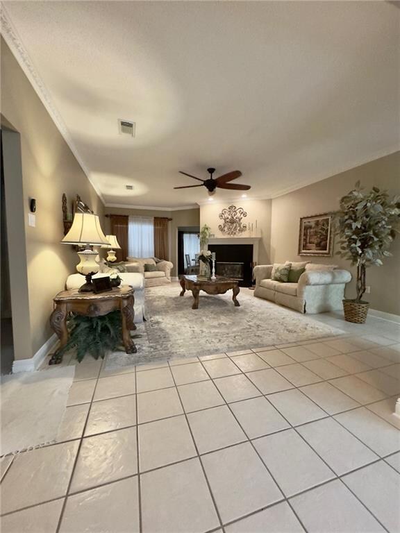 Large open living room with two way fireplace