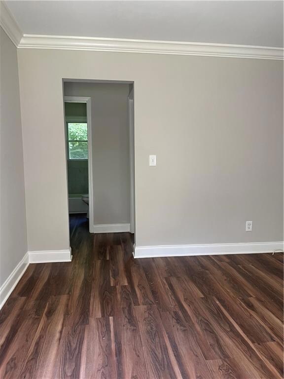 Unfurnished room with crown molding and dark wood-type flooring