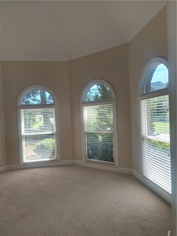 Unfurnished room featuring carpet floors, baseboards, and lofted ceiling
