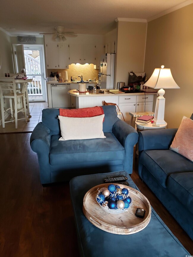 Living room features a ceiling fan, comfortable se