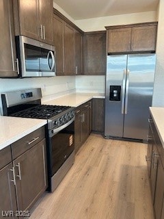 Kitchen with stainless steel appliances, dark brown cabinetry, and light wood-style flooring