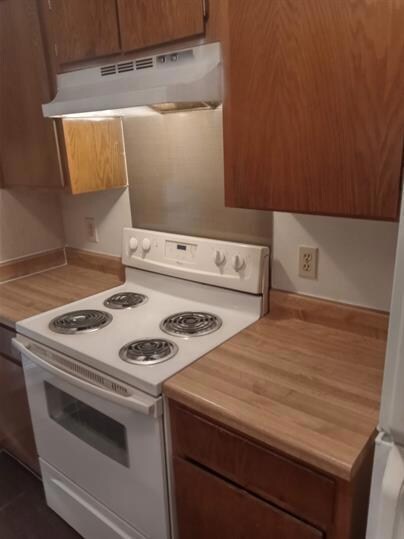 Kitchen featuring under cabinet range hood, white