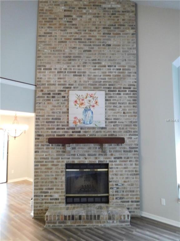 Brick, wood burning fireplace