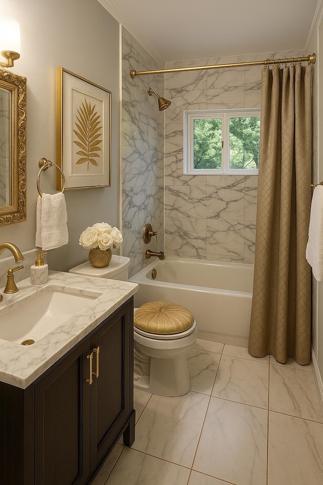 Bathroom featuring shower / bath combo, vanity, marble look tiles, toilet, and ornamental molding