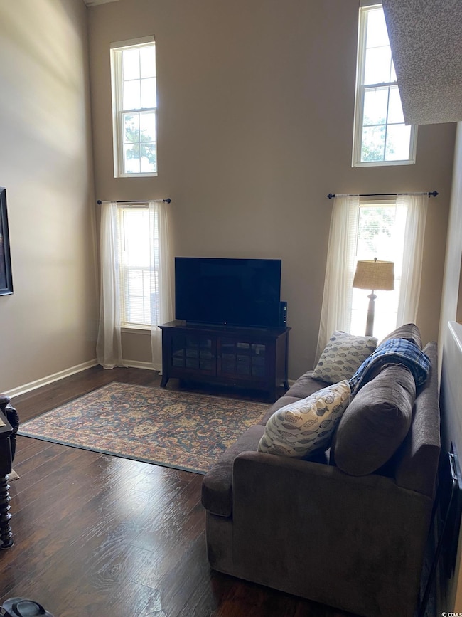 Living area featuring a high ceiling, dark wood-style flooring, and healthy amount of natural light