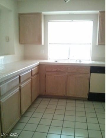 Kitchen with dishwasher and light tile patterned f