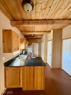 Kitchen with a sink, wood ceiling, beamed ceiling,