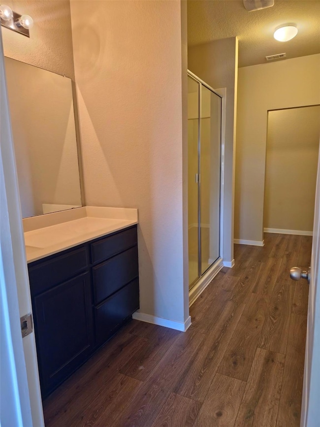 Full bathroom featuring vanity, dark wood-style floors, and a shower stall