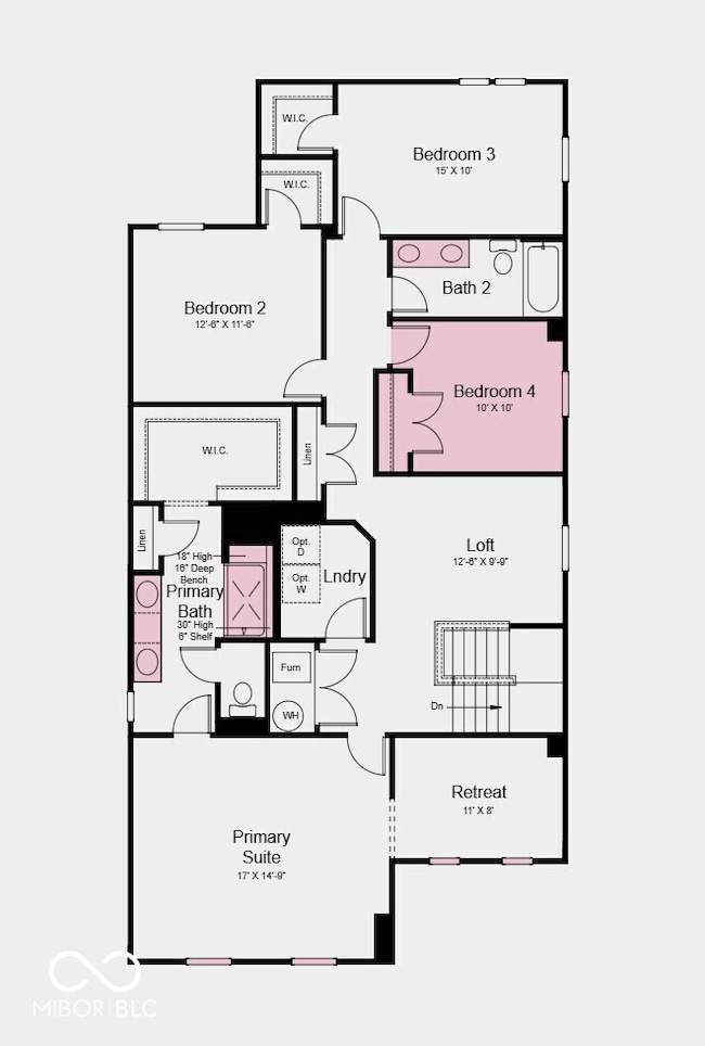 Second Floor Plan - Additional highlights include: covered front porch, covered atrium at side of home, additional storage space in garage, additional secondary bedroom added to the second floor, and water softener rough-in located under the stairs
