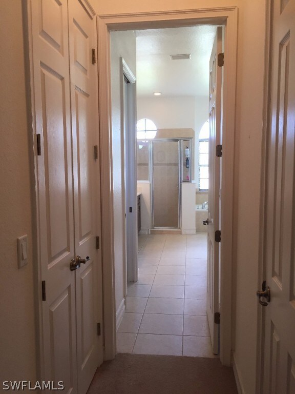 Hallway to Master Bathroom with closets on both sides.