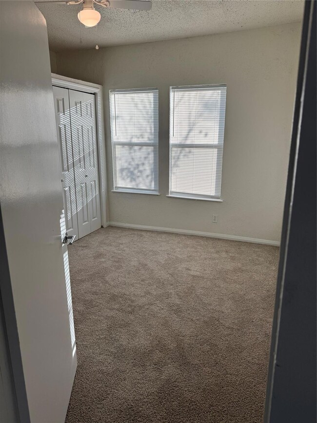 Carpeted spare room featuring ceiling fan and a te