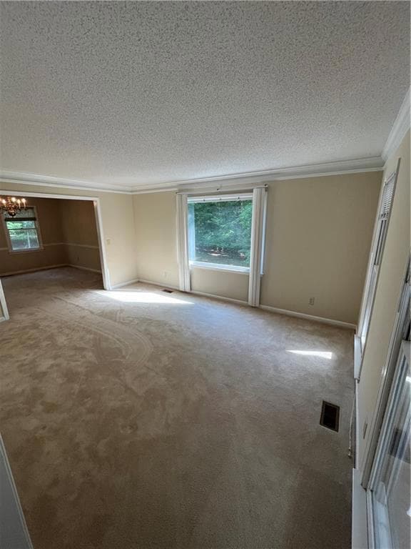Carpeted empty room with a textured ceiling, ornam