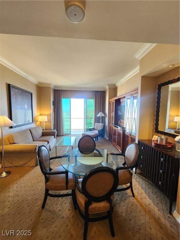 Spacious dining and living areas with elegant crow