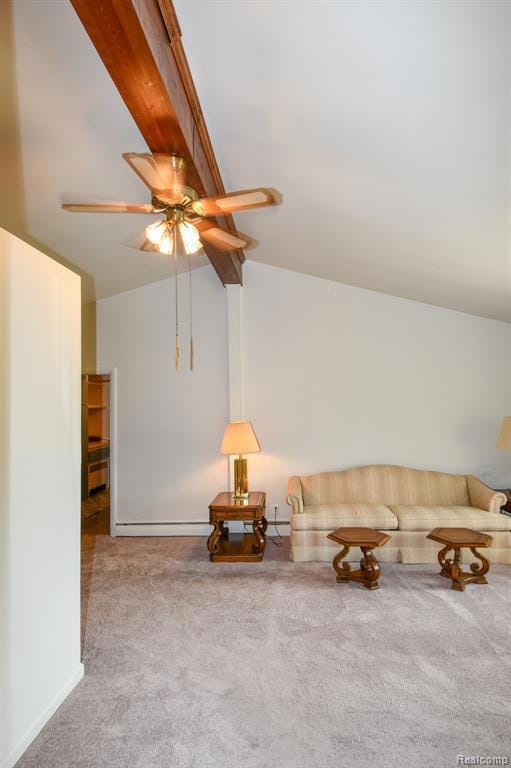 Unfurnished room with ceiling fan, carpet flooring, and a baseboard radiator
