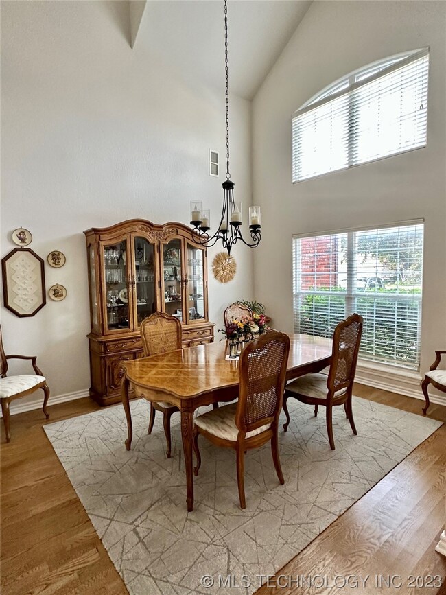 Grand dining area with high ceilings