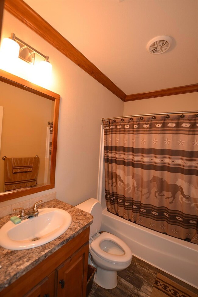 Full bath featuring shower / tub combo with curtain, vanity, dark wood-style flooring, and ornamental molding