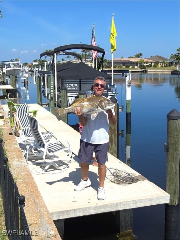 Dock featuring boat lift and a water view