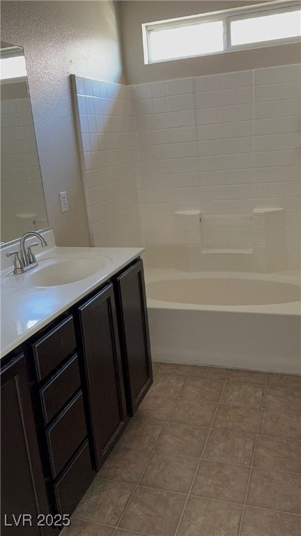 Bathroom with vanity, tile patterned floors, and s