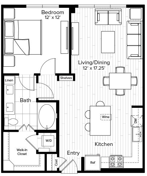 822 sq ft with a huge closet, dining island for 4 plus room for a dining table or desk