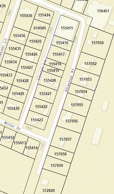 This is a map showing a residential plotted lots. Each lot is marked with a number, indicating its plot designation. The subject undeveloped plot is 157059.