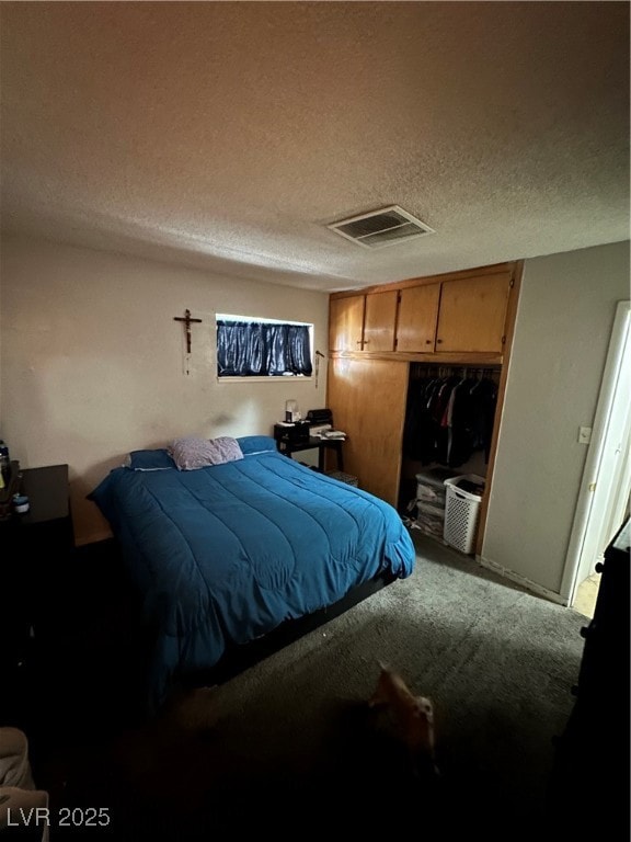 Carpeted bedroom with a textured ceiling and a closet