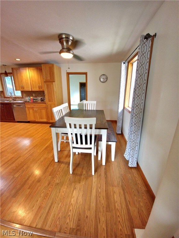 Dining room featuring sink, ceiling fan, and light hardwood / wood-style flooring