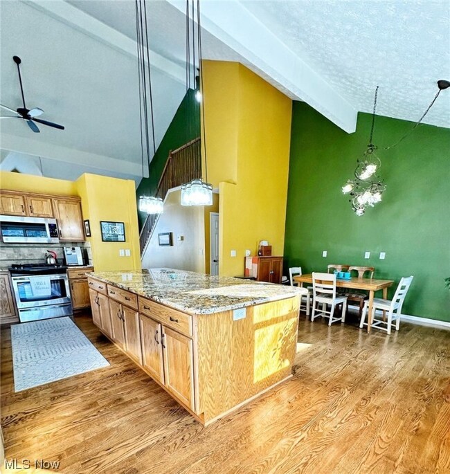 Kitchen featuring appliances with stainless steel finishes, light hardwood / wood-style floors, light stone counters, high vaulted ceiling, and ceiling fan with notable chandelier
