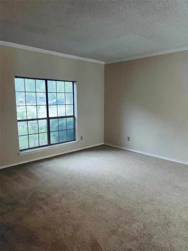 Carpeted front living room featuring a textured ce