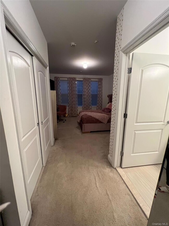 Bedroom with light carpet and a closet