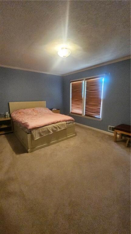 Carpeted bedroom with a textured ceiling and baseboards