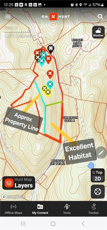 OnX Hunt Screen Shot with homesites, springs, perc sites and habitat. All boundary lines are approximate via OnX Hunt
