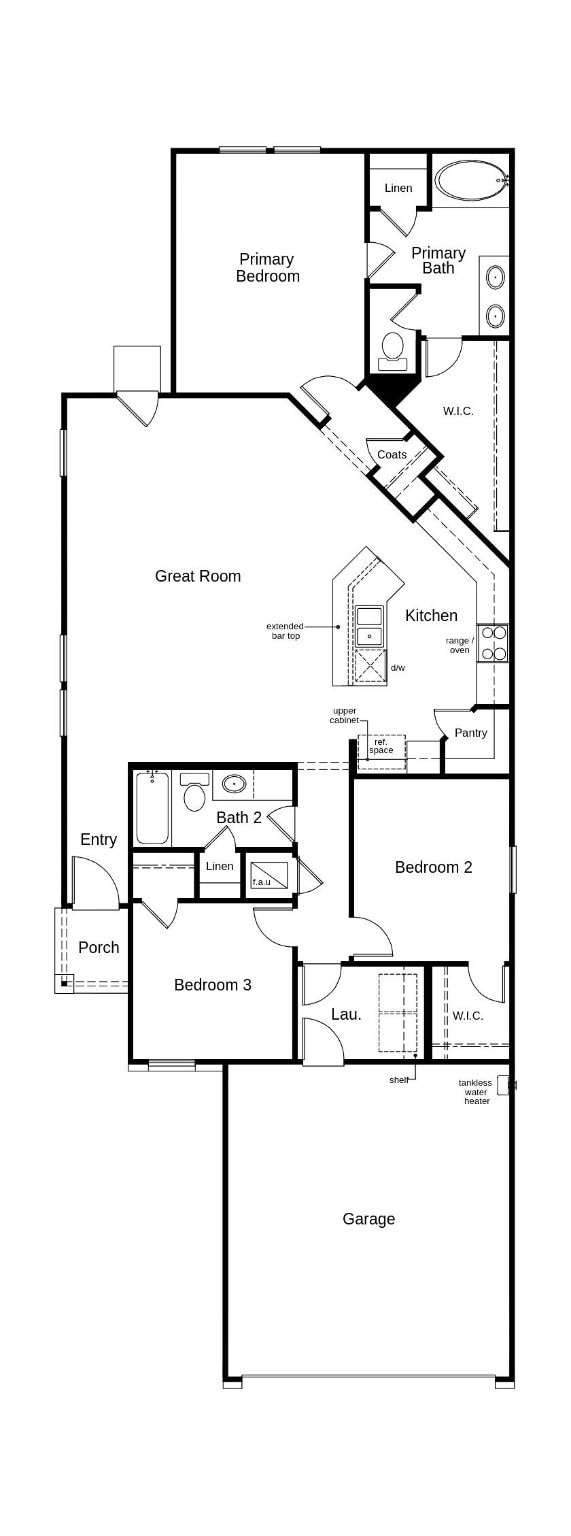 This floor plan features 3 bedrooms, 2 full baths