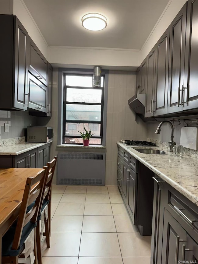 Kitchen with radiator, light tile patterned floors, light stone counters, stainless steel appliances, and under cabinet range hood