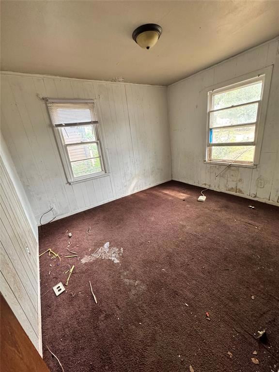 Spare room with dark carpet, wooden walls, and healthy amount of natural light
