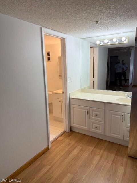 Bathroom featuring wood finished floors, vanity, a textured ceiling, and baseboards