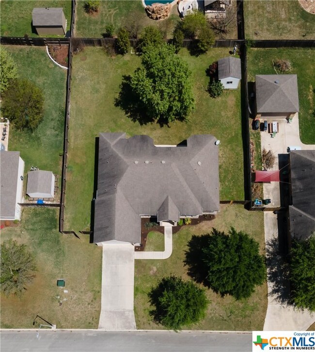 Aerial photo highlights the trees and fenced back