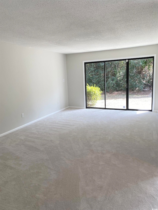 Carpeted spare room featuring baseboards and a textured ceiling
