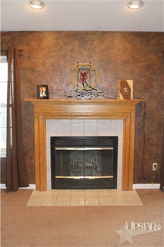 Fireplace is accented with professional faux paint
