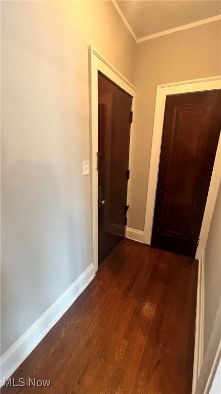 Corridor with dark wood-type flooring and crown molding