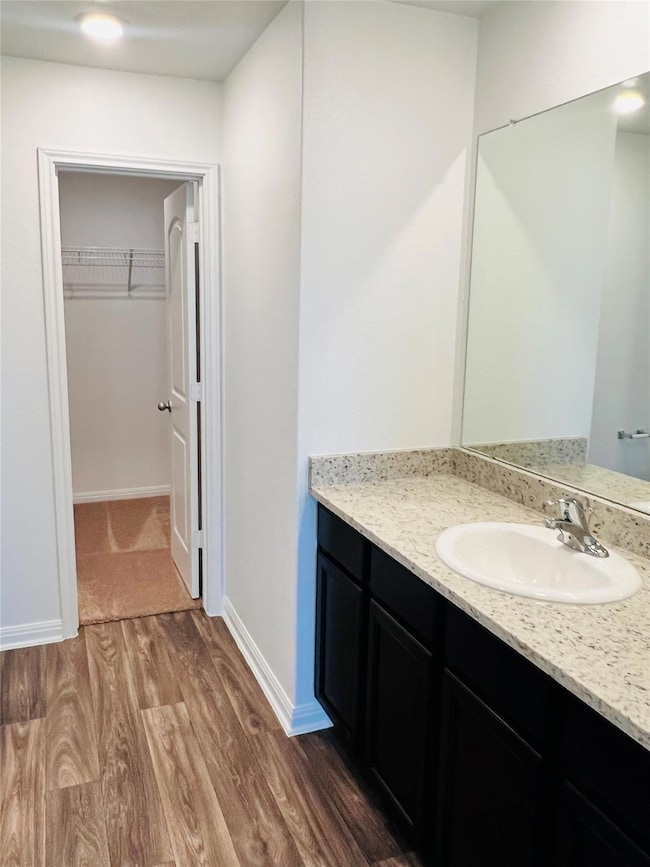 Bathroom with vanity, wood finished floors, and a